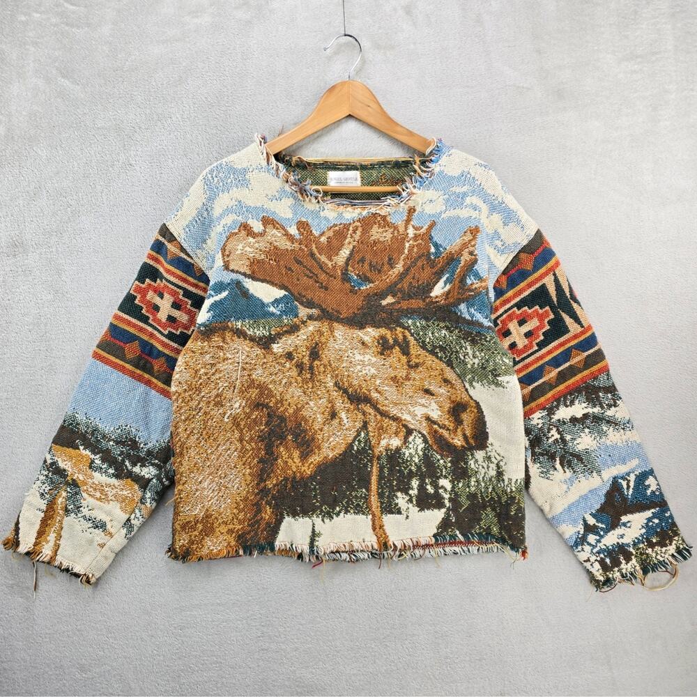 Angel Gentle Tapestry Knit Sweatshirt Mens Sz 10 Medium 21x23 Moose Aztec USA